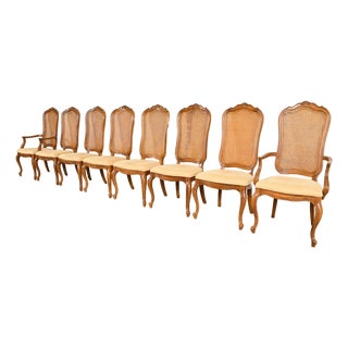 Thomasville French Provincial Louis XV Carved Walnut and Cane Back Dining Chairs, Set of Eight For Sale