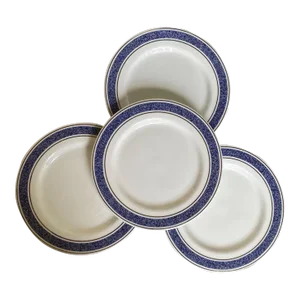 Late 20th Century Royal Doulton British Airways First Class Service Bread & Butter Plates with Blue Marble Band, Gold Rim- Set of 4