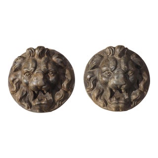 Pair of Heavy French Cast Iron Lion Building Ornaments, Circa 1900 For Sale