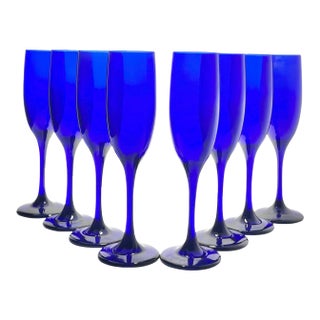 1990s Vintage Cobalt Blue Fluted Champagne Glasses - Set of 8 For Sale