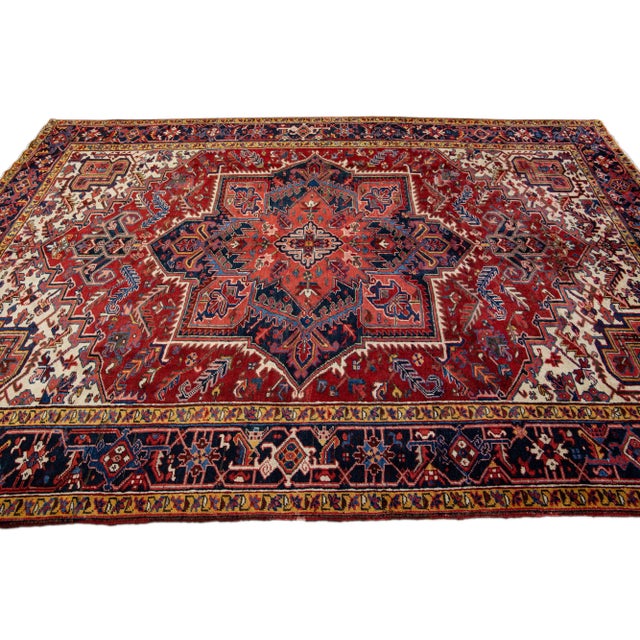 Vintage Handmade Heriz Red Medallion Wool Rug 7'10" X 11'3" For Sale - Image 4 of 10
