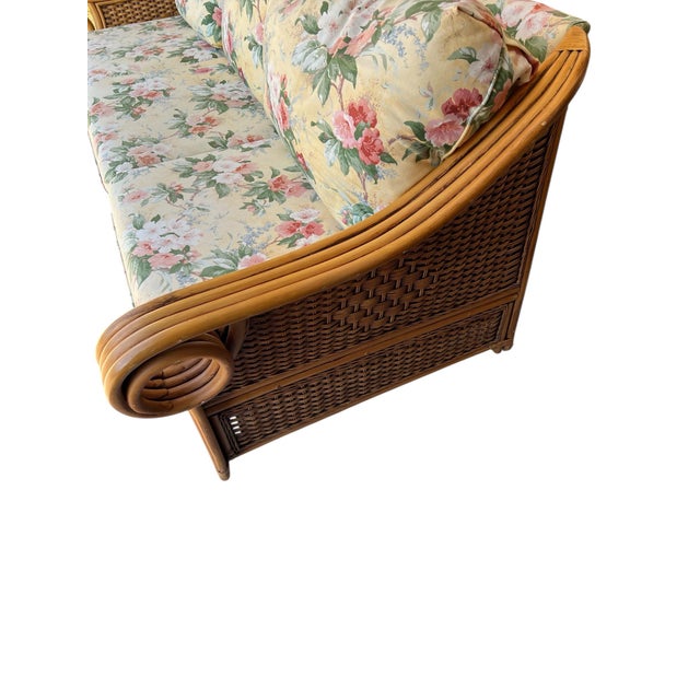 Vintage Rattan Three Seat Floral Print Sofa Sunroom, Veranda, Lanai, Covered Porch For Sale - Image 6 of 6