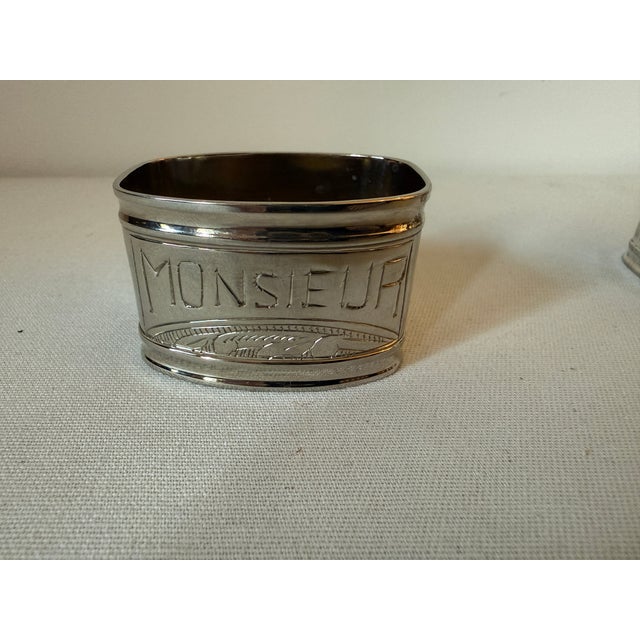 Mid 20th Century Vintage Silver Plated French Napkin Rings Monsieur & Madame, Set 2 For Sale - Image 5 of 12