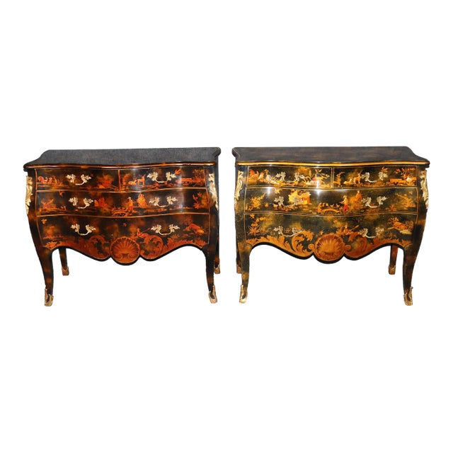 Pair of Maitland Smith Black Chinoiserie Paint Decorated Large Commodes For Sale