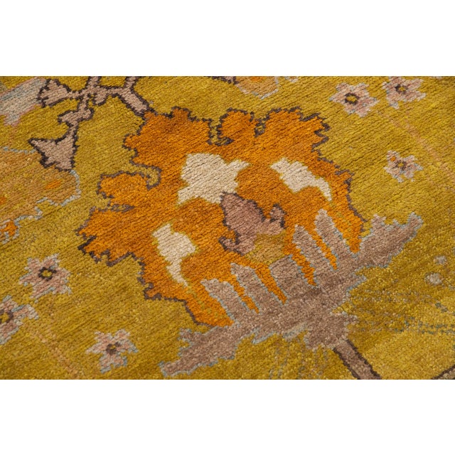 Vintage Arts and Crafts Style Golden Ochre Wool Rug With Stylized Floral Motif For Sale - Image 11 of 11
