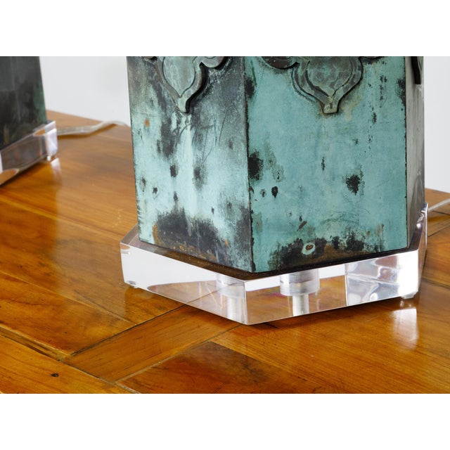 Metal 19th Century French Copper Table Lamps with Verdigris Patina - Pair For Sale - Image 7 of 10