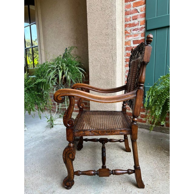 Antique English Arm Chair Carved Oak Cane Seat Renaissance Cherubs Fireside For Sale - Image 11 of 18