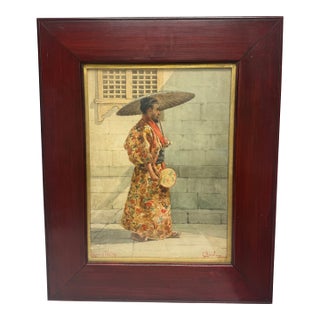 Antique Italian Japanese Watercolor "Study of a Man in Japanese Costume" by C. Merculiano. For Sale