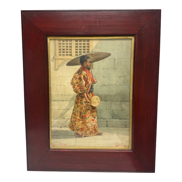 Antique Italian Japanese Watercolor "Study of a Man in Japanese Costume" by C. Merculiano. For Sale