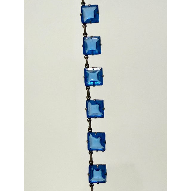 Art Deco Antique Czech Glass 1920s Art Deco Cascading Sterling Silver Prong Set Blue Necklace For Sale - Image 3 of 10