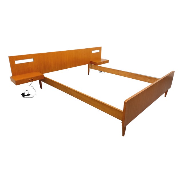 Vintage Scandinavian-Style Teak Double Bed with Suspended Bedside Tables and Integrated Lamps, 1960s For Sale