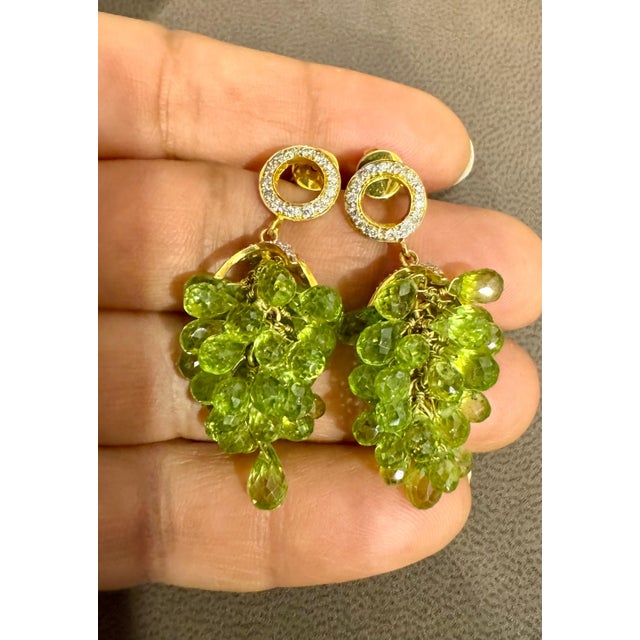 Green Natural Peridot Briolette and Diamond Hanging Earrings 18 Karat Yellow Gold For Sale - Image 8 of 18