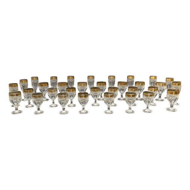 Mid-Century Crystal Glasses in the style of Saint Louis, 1950s, Set of 33 For Sale