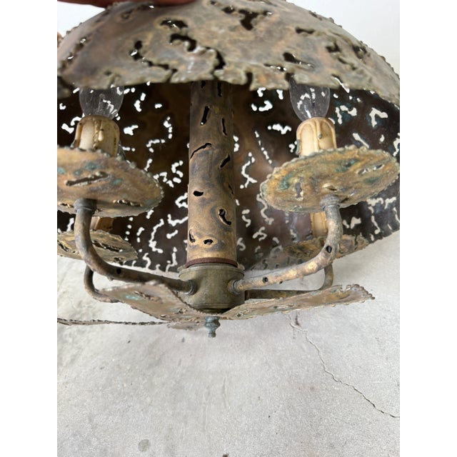 Metal 1970s Vintage Tom Greene Brutalist Torch-Cut Brass Hanging Light Fixture For Sale - Image 7 of 12