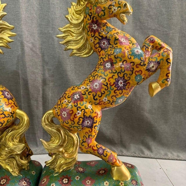 Make an unforgettable statement with this monumental pair of vintage cloisonné enamel rearing horses. Symbolizing success,...