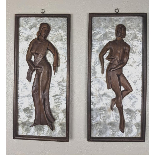 Pair Mid-Century Modern Hand-Carved Wood Figural Relief Wall Panels on Shimmering Capiz Shell Grounds For Sale - Image 11 of 18