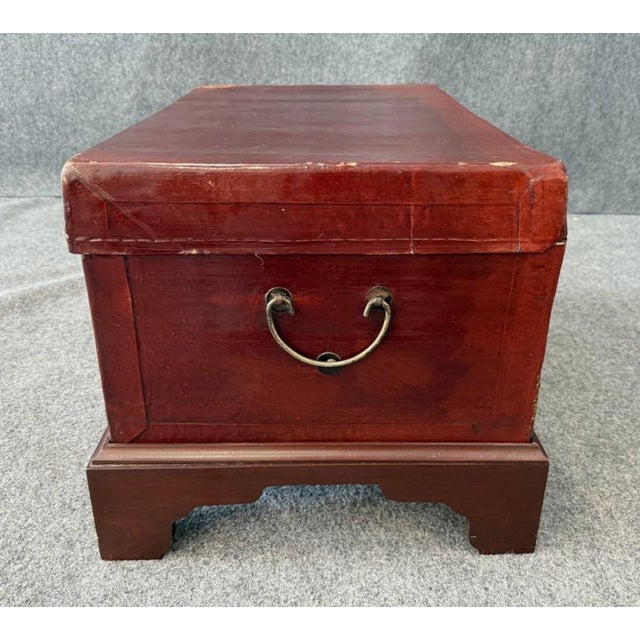 Wood Mid 20th Century Red Leather Trunk on Wooden Stand For Sale - Image 7 of 16