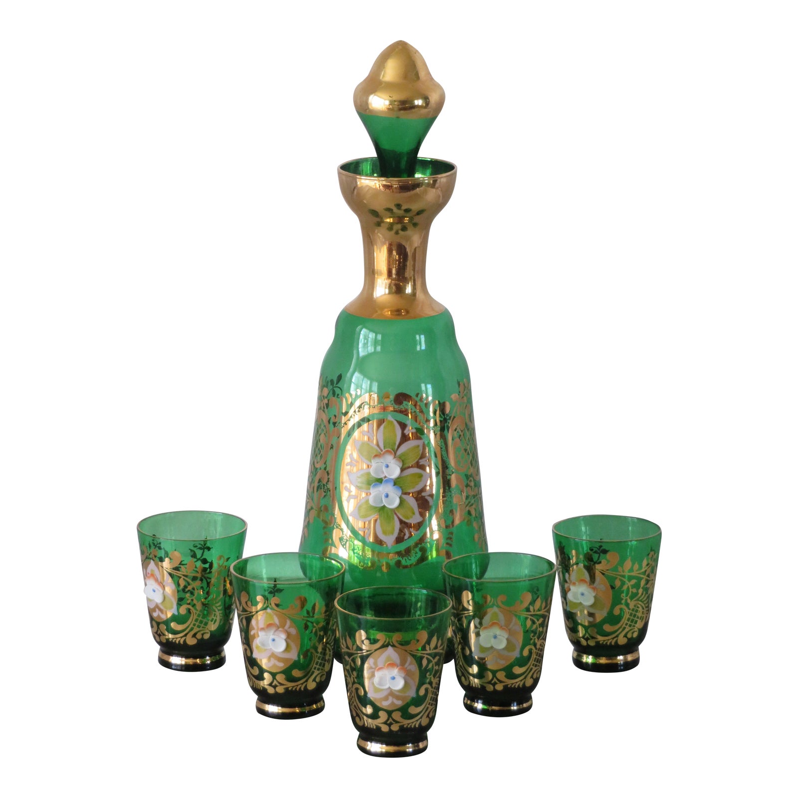 1960s Vintage Japanese Asian Emerald Green Glass Wine Bottle Decanter