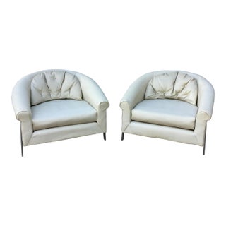 Large White Vinyl & Chrome Lounge Chairs - A Pair For Sale