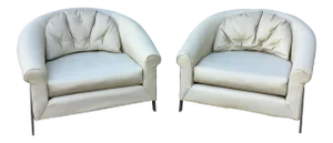 Large White Vinyl & Chrome Lounge Chairs - A Pair
