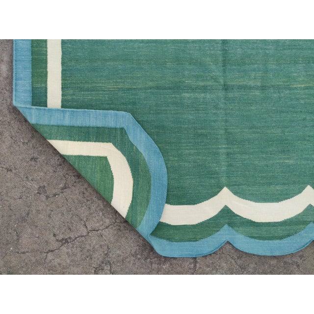 Not Yet Made - Made To Order Handmade Cotton Vegetable Dyed Scalloped Edge Rug in Forest Green With Cream and Teal Blue Border - 9x12 For Sale - Image 5 of 11