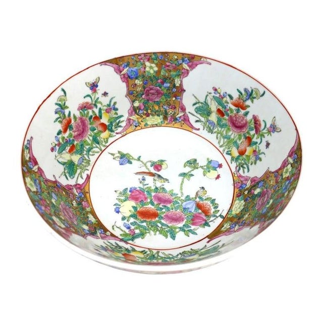 Oversized Chinese Rose Medallion Punch Bowl Flower Garden & Butterflies C1930 For Sale - Image 10 of 15