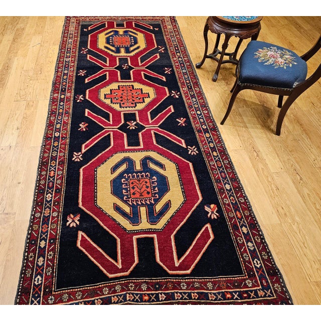 Antique Northwest Persian Runner Rug, Hand-Knotted Wool, Geometric Medallions Pattern, 4x10, Navy & Red For Sale - Image 4 of 18