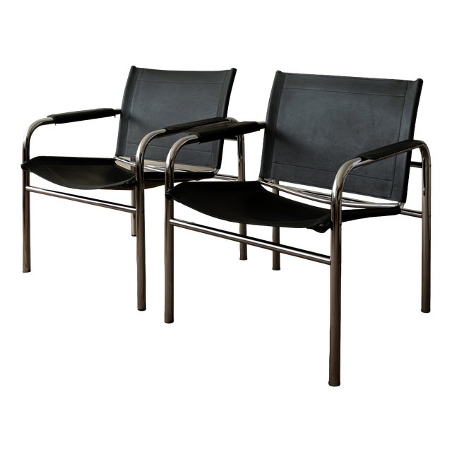 Vintage Bauhaus Klinte Lounge Chairs in Chrome and Leather by Tord Björklund for Ikea, 1980s, Set of 2 For Sale