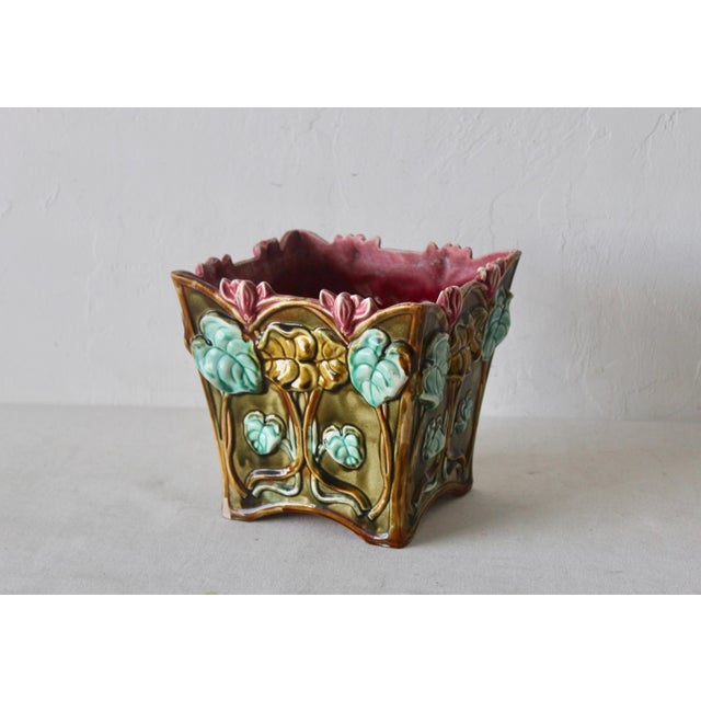 Ceramic 1900s French Onnaing G77 Art Nouveau Flower Vines Details Jardinière Cache Pot Planter For Sale - Image 7 of 11