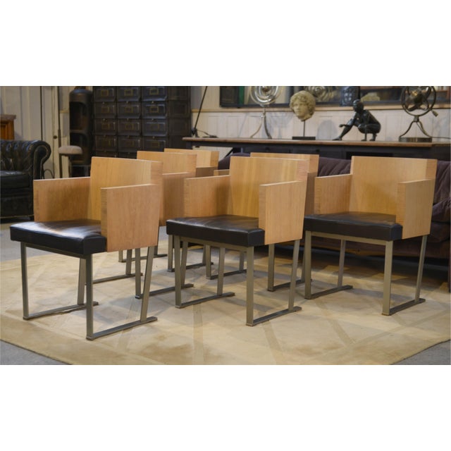 Armchairs in Oak and Leather, 1980s, Set of 6 For Sale - Image 13 of 15