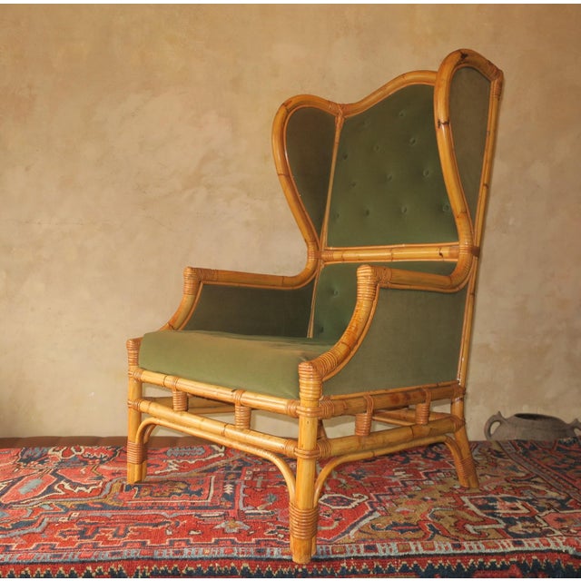 Mid-Century Wing Lounge Chair in Bamboo and Olive Green, 1960s For Sale - Image 18 of 18
