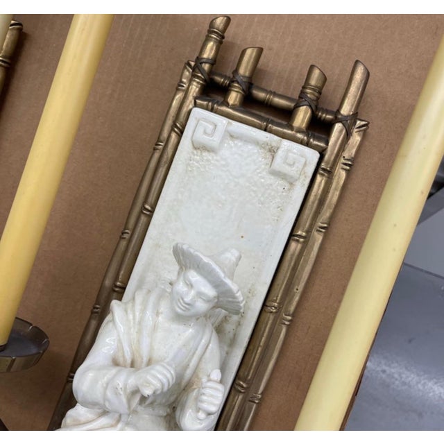 Vintage Chapman Chinoiserie Faux Bamboo Brass, Ceramic Two-Light Sconces, a Pair For Sale - Image 11 of 12