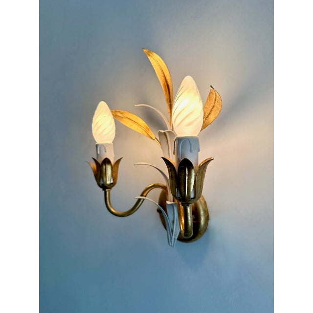 Italian Gilt and White Tole Two-Light Wall Sconces Masca, 1970s, Set of 2 For Sale - Image 12 of 17