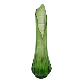 Vintage 1960s Viking Green Floor Vase, Ribbed Blown Glass Vase For Sale