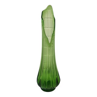 Vintage 1960s Viking Green Floor Vase, Ribbed Blown Glass Vase For Sale