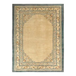 Hand-Knotted Antique Chinese Rug in Beige-Brown, Blue Open Field, Floral Pattern