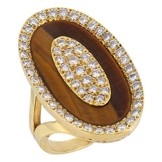 Vintage 2.00 Carat Diamond Tiger's Eye 18k Yellow Gold Cocktail Ring, Size 8.75 For Sale