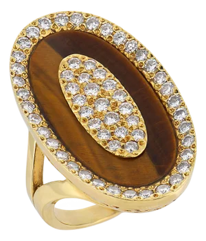 Vintage 2.00 Carat Diamond Tiger's Eye 18k Yellow Gold Cocktail Ring, Size 8.75