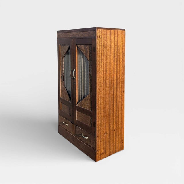 Brown Japanese Antique Refinished Cabinet With Figured Wood Panels and Fabric Inserts For Sale - Image 8 of 17