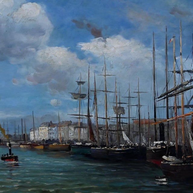 This 20th-century painting on canvas, signed François Nicoli, depicts a bustling harbor where numerous sailing ships with...