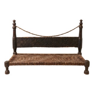 Antique Swat Valley Carved Wood and Rope Charpai Bench For Sale