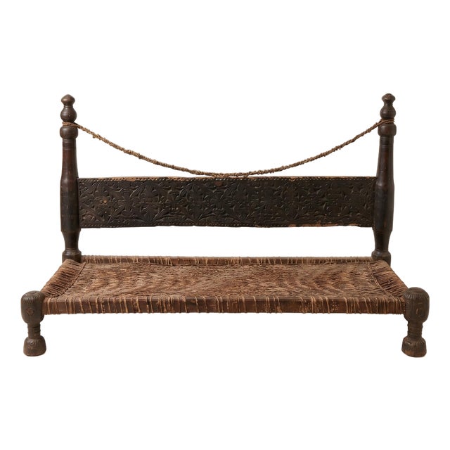 Antique Swat Valley Carved Wood and Rope Charpai Bench For Sale