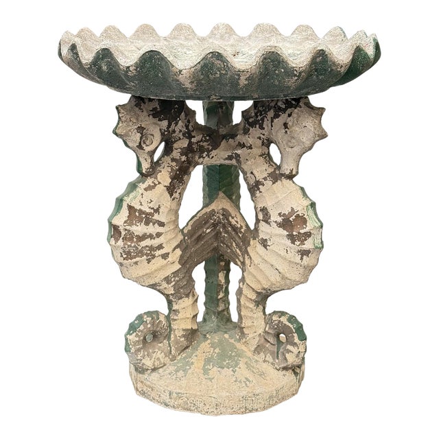 1950s Cast Stone Mottled Bird Bath With Seahorse Motif For Sale