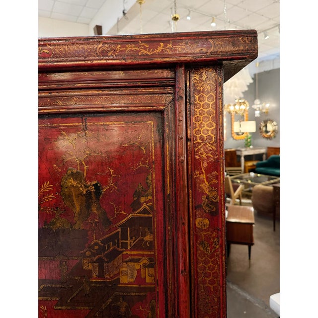 Wood Large Chinoiserie Red Lacquered Cabinet or Armoire With Gilt Accents For Sale - Image 7 of 12