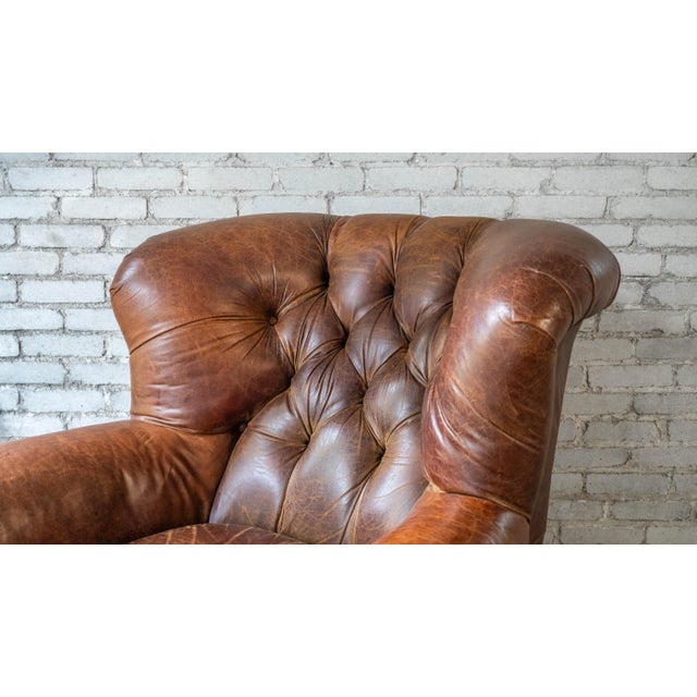 English Restoration Hardware Churchill Cigar Leather Luxe Writer's Chair and Ottoman For Sale - Image 3 of 13