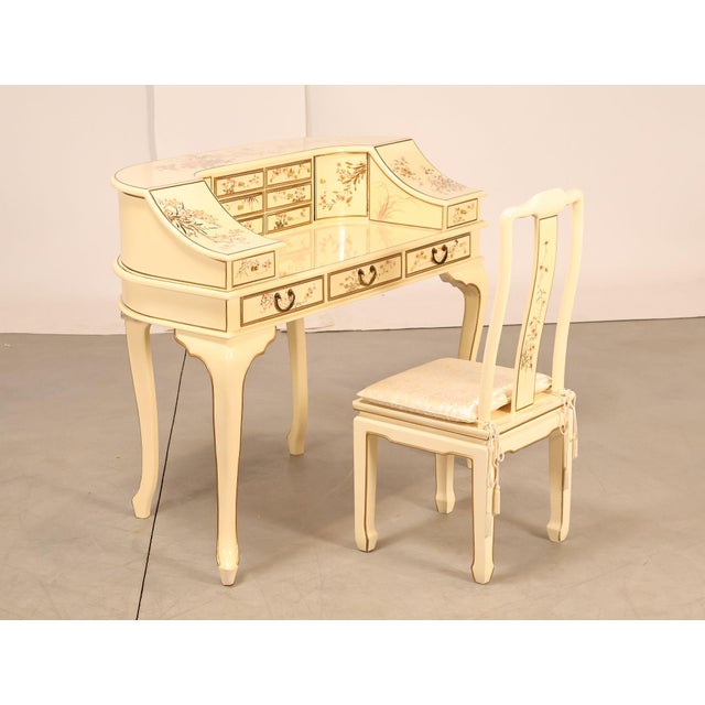 Chinoiserie Painted Carlton House Writing Desk With Matching Chair. Desk With Gallery Form Containing Multiple Small...