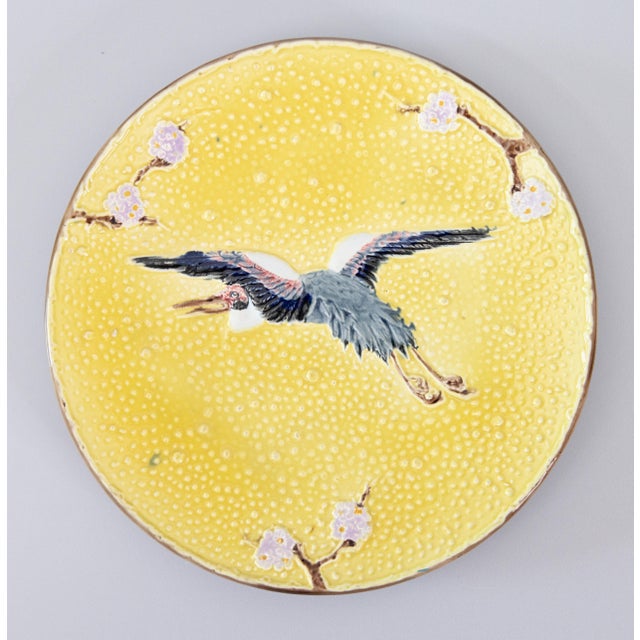 19th Century English Joseph Holdcroft Yellow Majolica Flying Crane Plate For Sale - Image 9 of 9