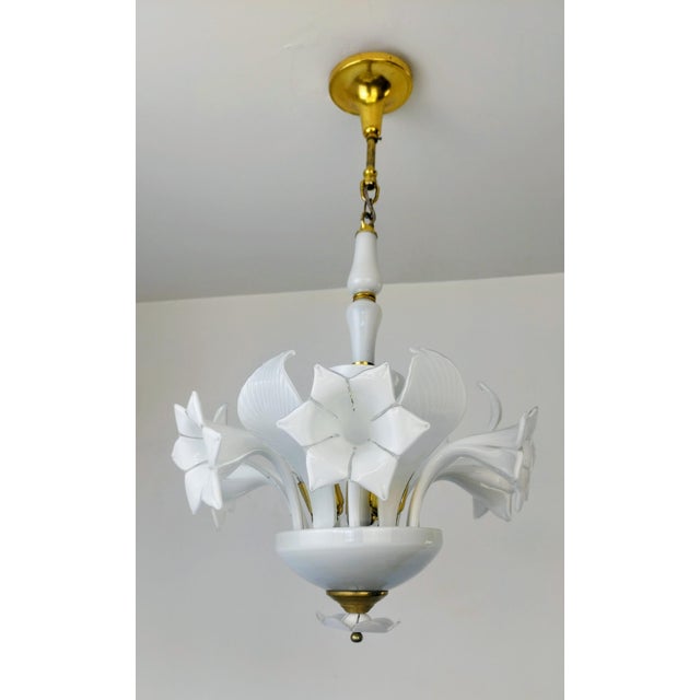 Vintage Italian White Murano Styled Calla Lilly Chandelier Brass Lighting 1970s For Sale - Image 12 of 17