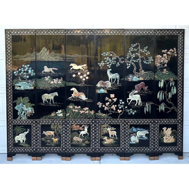 Rare Large 6 Panel Chinese Wild Horses Abalone & Hardstone Inlaid Folding Screen Description An exceptional and visually...