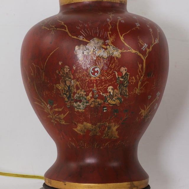 Pair of Vintage Hand Painted Chinoiserie Red Ginger Jar Table Lamps With Figural Narrative For Sale In New York - Image 6 of 13